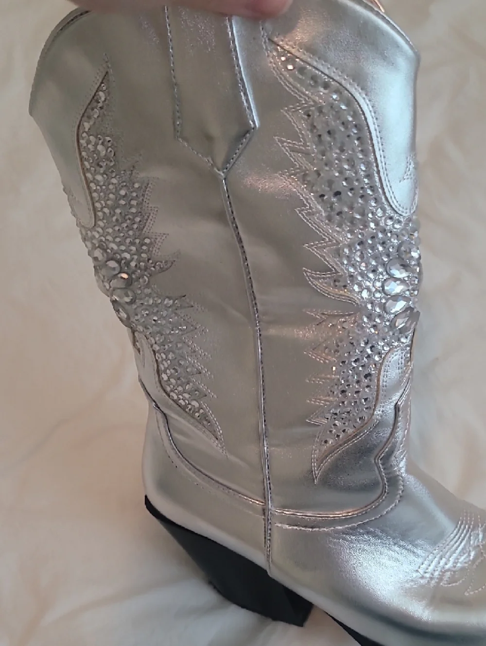 Silver Western-Style Mid-Calf Boot with Embellished Stitching - Picture 3 of 7